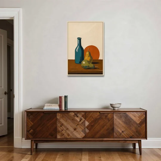 Two Pears Beside a Teal Glass Bottle - Oak Framed Canvas Wall Art - Coffee Table - 24x36