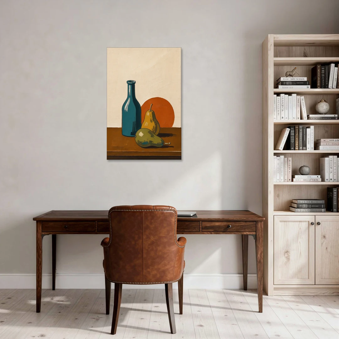 Two Pears Beside a Teal Glass Bottle - Canvas Wall Art - Office - 24x36