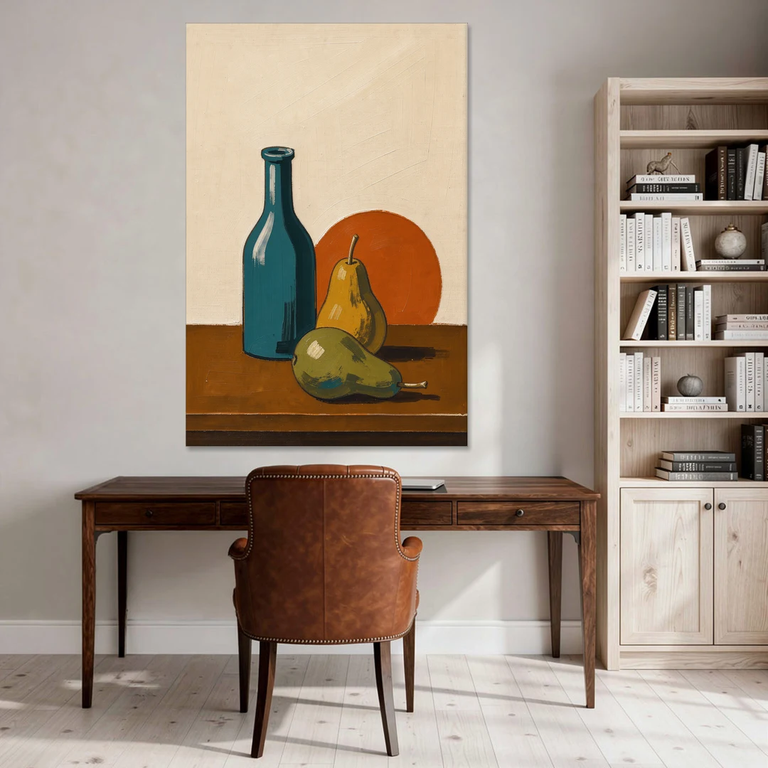 Two Pears Beside a Teal Glass Bottle - Canvas Wall Art - Office - 40x60