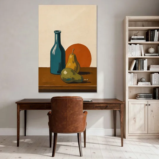 Two Pears Beside a Teal Glass Bottle - Canvas Wall Art - Office - 40x60