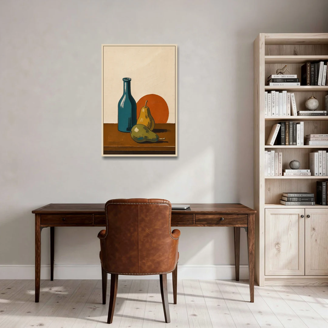 Two Pears Beside a Teal Glass Bottle - Oak Framed Canvas Wall Art - Office - 24x36