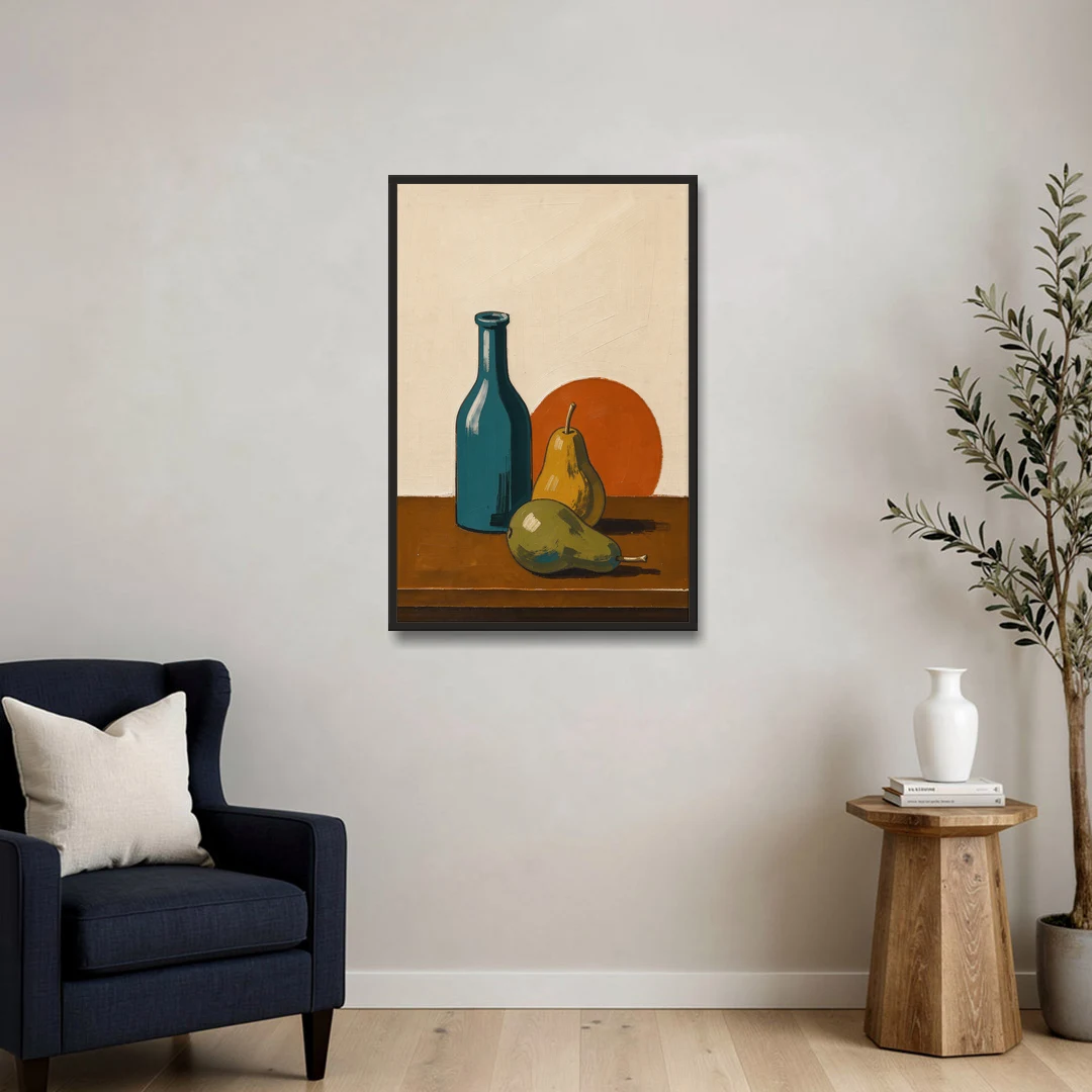 Two Pears Beside a Teal Glass Bottle - Black Framed Canvas Wall Art - Sofa - 24x36