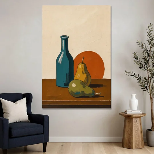 Two Pears Beside a Teal Glass Bottle - Canvas Wall Art - Sofa - 40x60