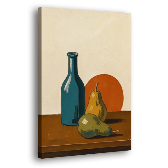Two Pears Beside a Teal Glass Bottle - Canvas Wall Art - Side