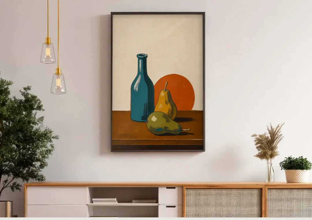 Two Pears Beside a Teal Glass Bottle canvas wall art above a wooden sideboard under pendant lights