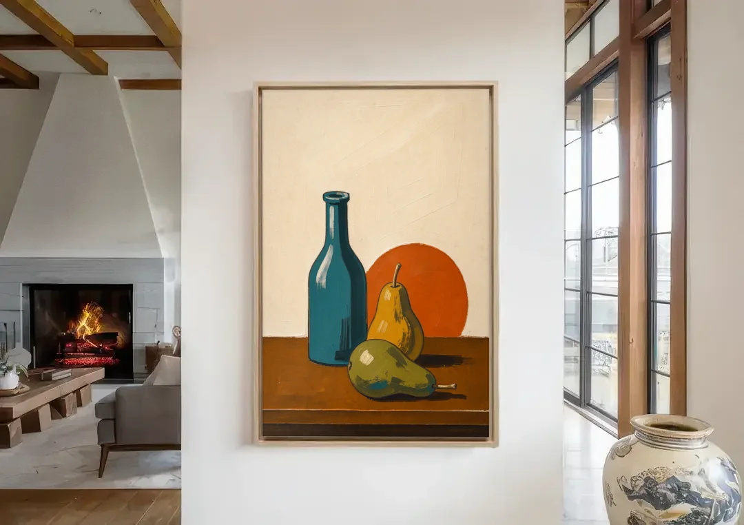 Two Pears Beside a Teal Glass Bottle canvas wall art in a living room with a fireplace