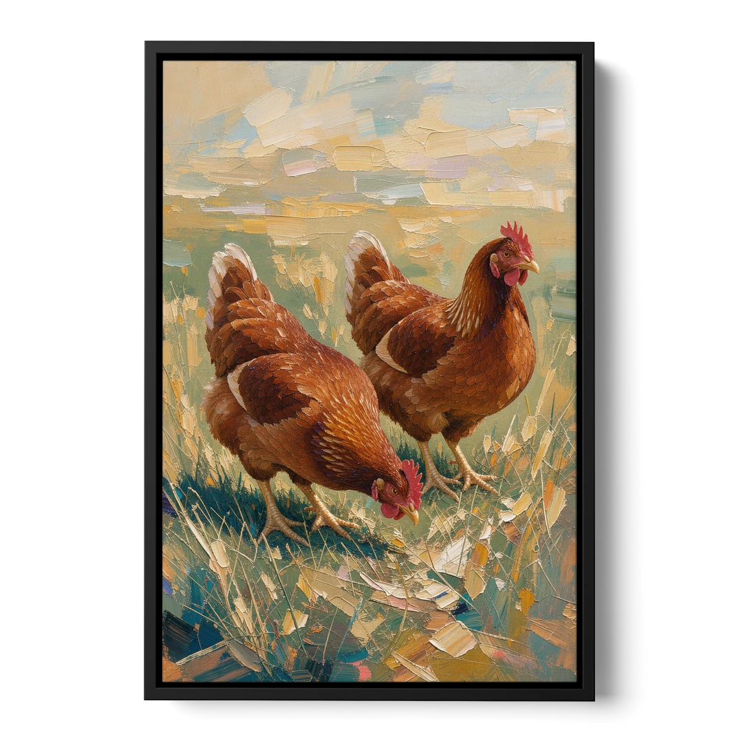 Two Rustic Farmhouse Russet Hens in Summer Grass - Black Framed Canvas Wall Art - Front