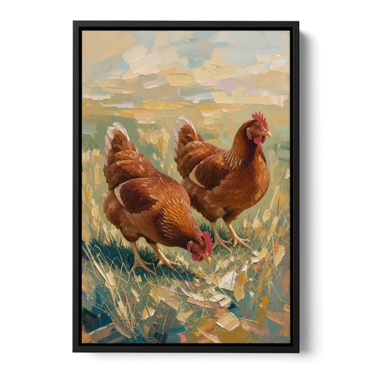Two Rustic Farmhouse Russet Hens in Summer Grass - Black Framed Canvas Wall Art - Front