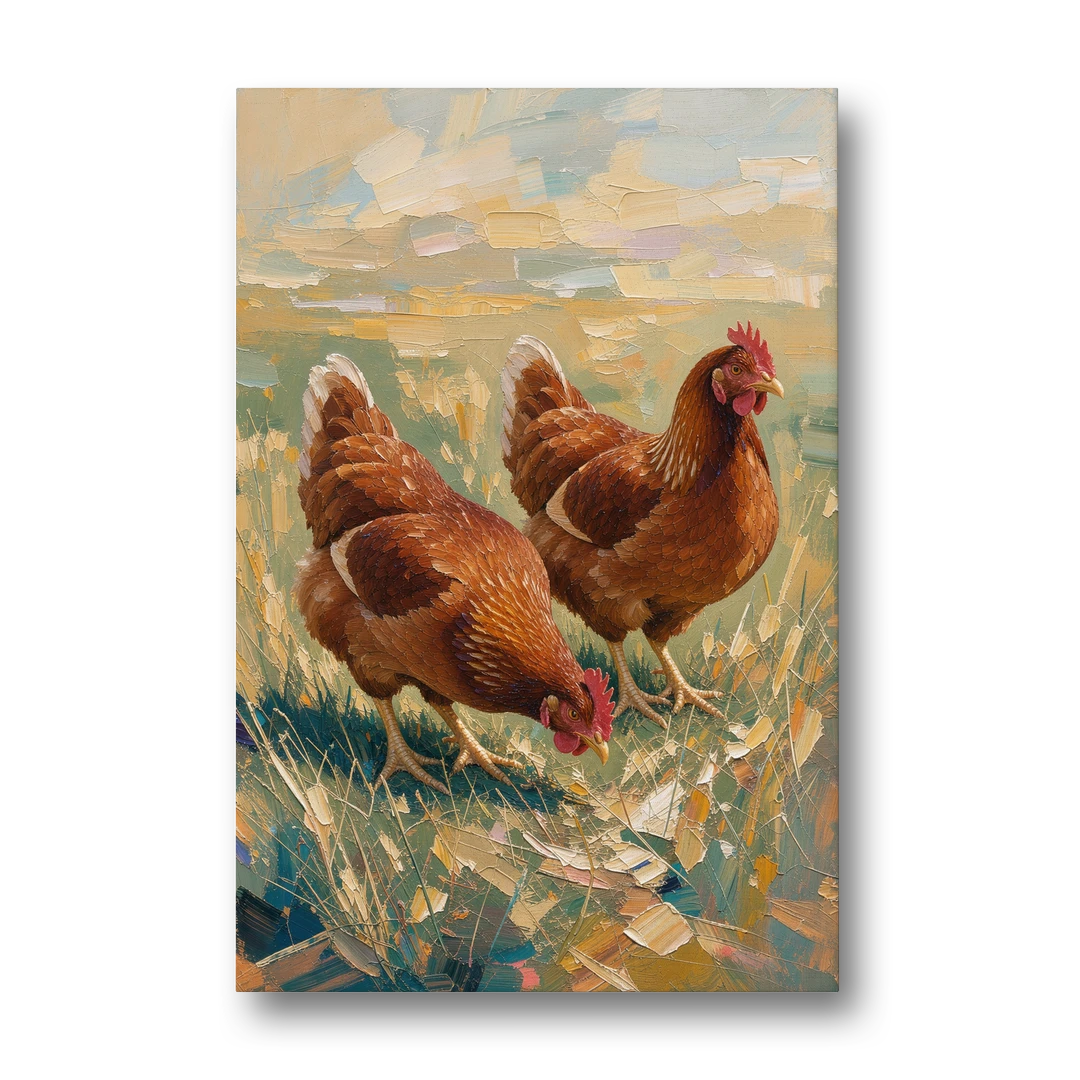 Two Rustic Farmhouse Russet Hens in Summer Grass - Canvas Wall Art - Front