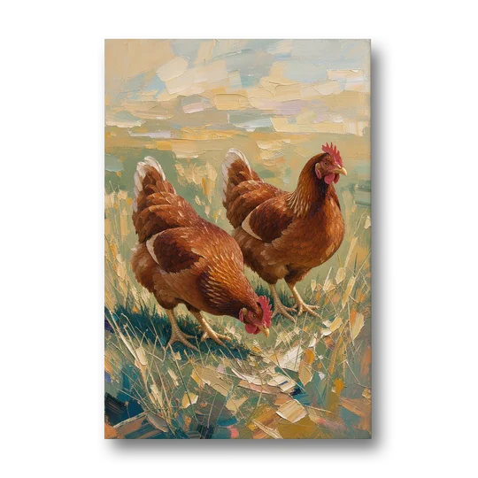 Two Rustic Farmhouse Russet Hens in Summer Grass - Canvas Wall Art - Front