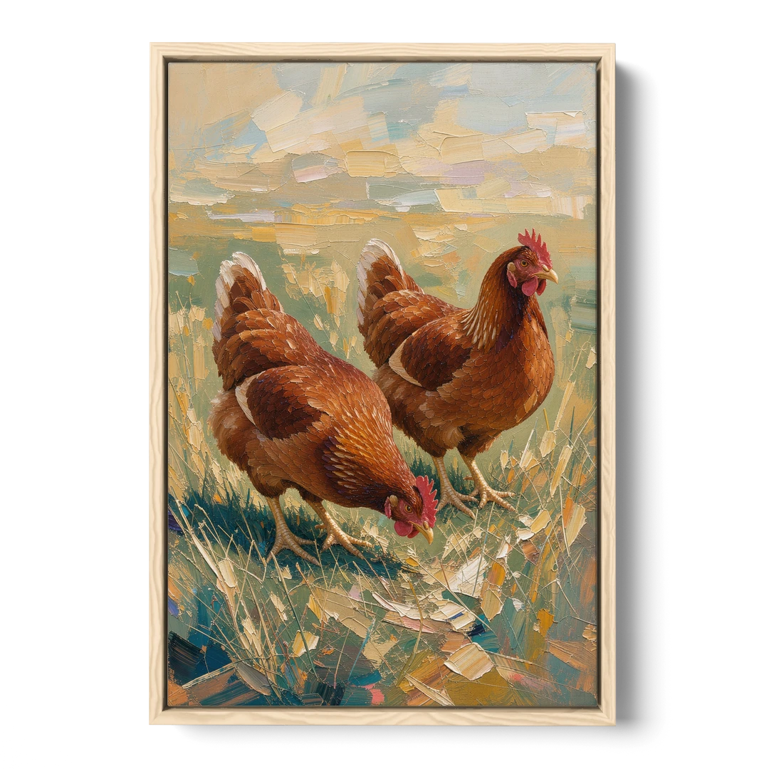 Two Rustic Farmhouse Russet Hens in Summer Grass - Oak Framed Canvas Wall Art - Front
