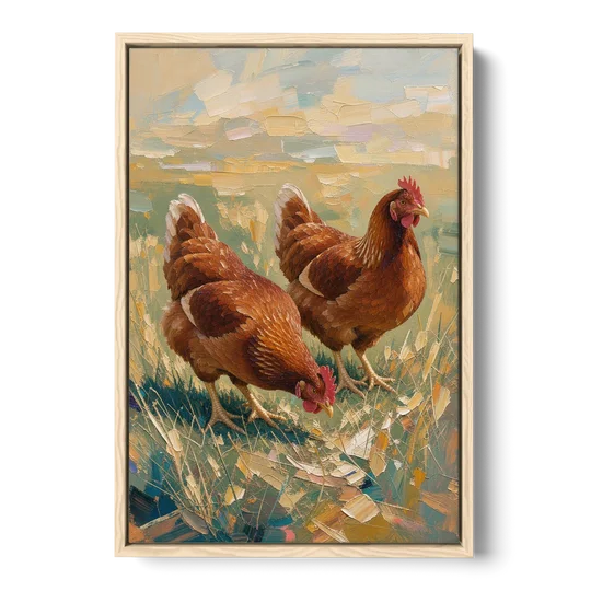 Two Rustic Farmhouse Russet Hens in Summer Grass - Oak Framed Canvas Wall Art - Front