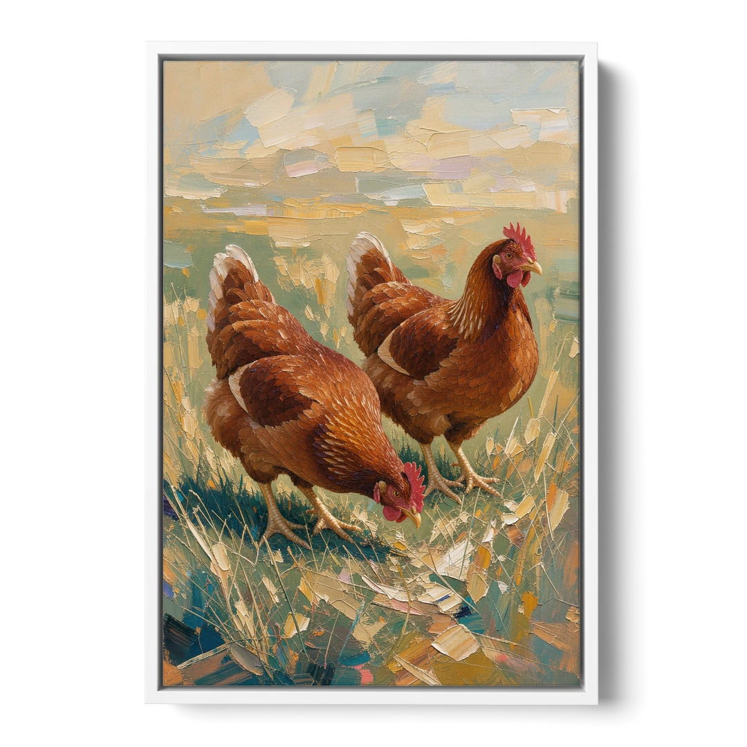 Two Rustic Farmhouse Russet Hens in Summer Grass - White Framed Canvas Wall Art - Front