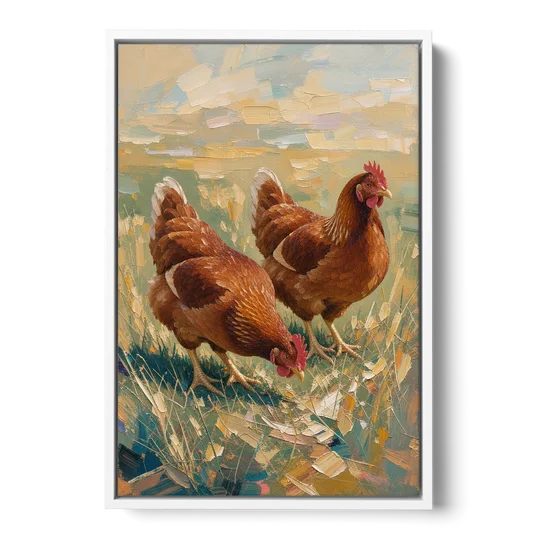 Two Rustic Farmhouse Russet Hens in Summer Grass - White Framed Canvas Wall Art - Front