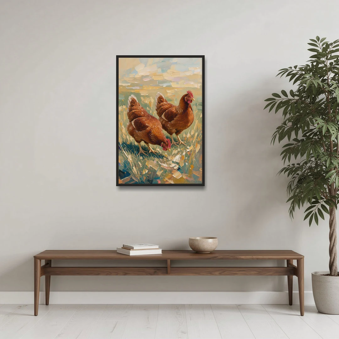 Two Rustic Farmhouse Russet Hens in Summer Grass - Black Framed Canvas Wall Art - Coffee Table - 24x36