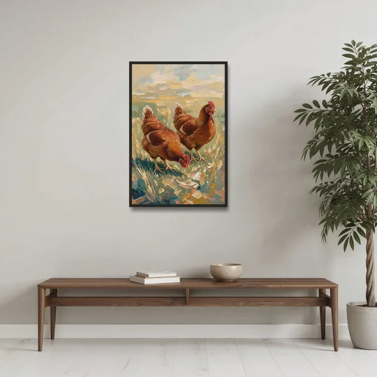Two Rustic Farmhouse Russet Hens in Summer Grass - Black Framed Canvas Wall Art - Coffee Table - 24x36