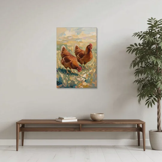 Two Rustic Farmhouse Russet Hens in Summer Grass - Canvas Wall Art - Coffee Table - 24x36