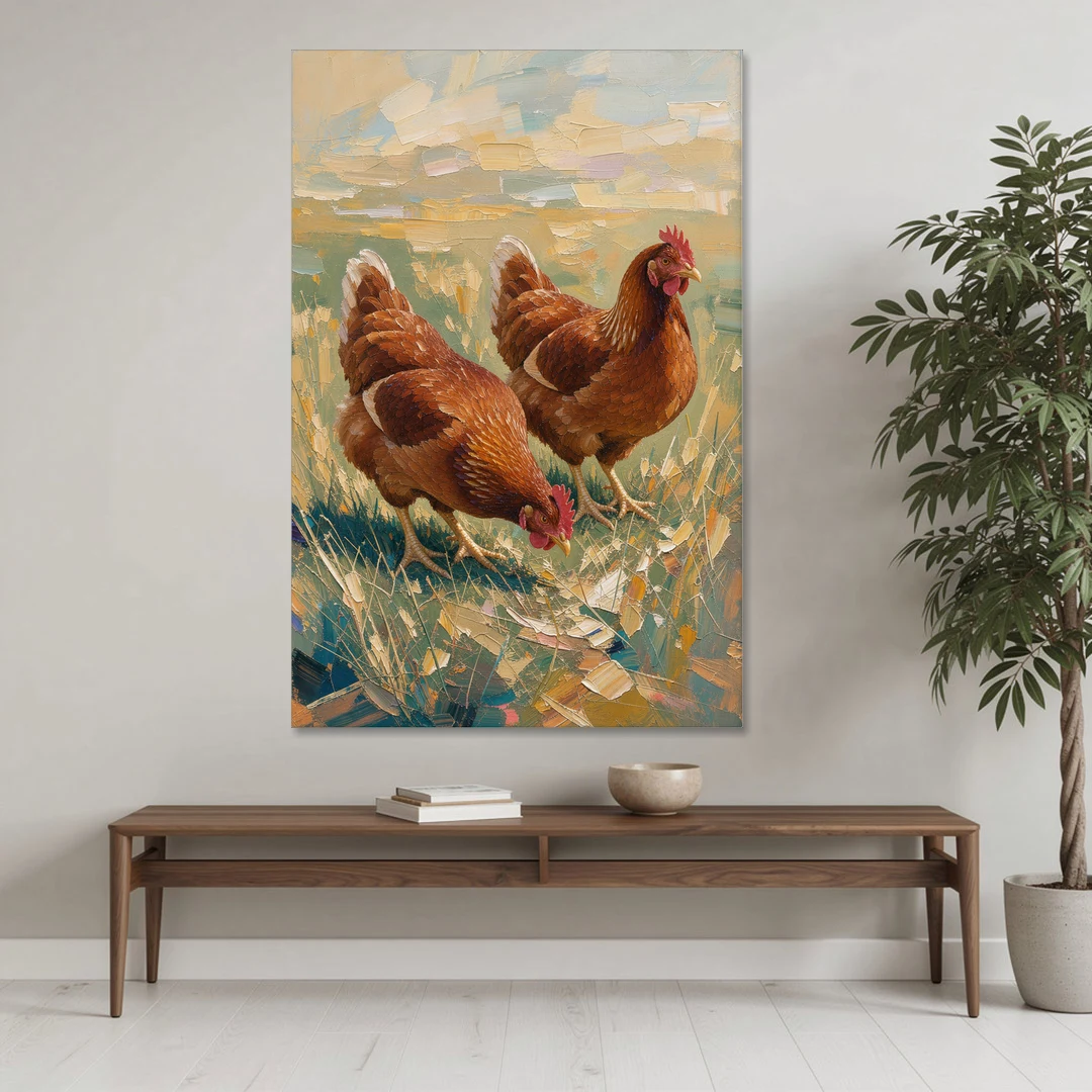 Two Rustic Farmhouse Russet Hens in Summer Grass - Canvas Wall Art - Coffee Table - 40x60