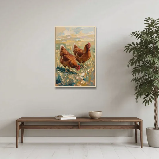 Two Rustic Farmhouse Russet Hens in Summer Grass - Oak Framed Canvas Wall Art - Coffee Table - 24x36