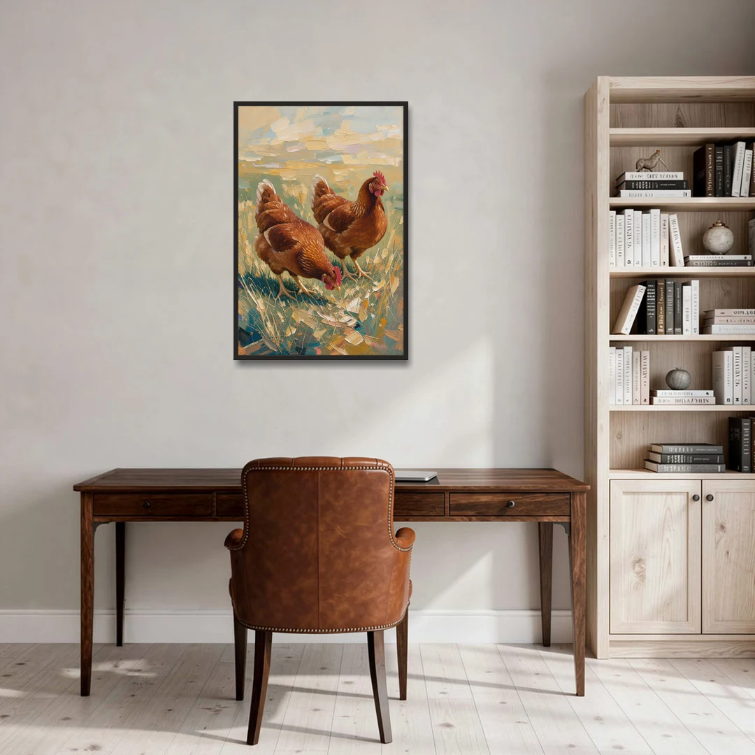 Two Rustic Farmhouse Russet Hens in Summer Grass - Black Framed Canvas Wall Art - Office - 24x36