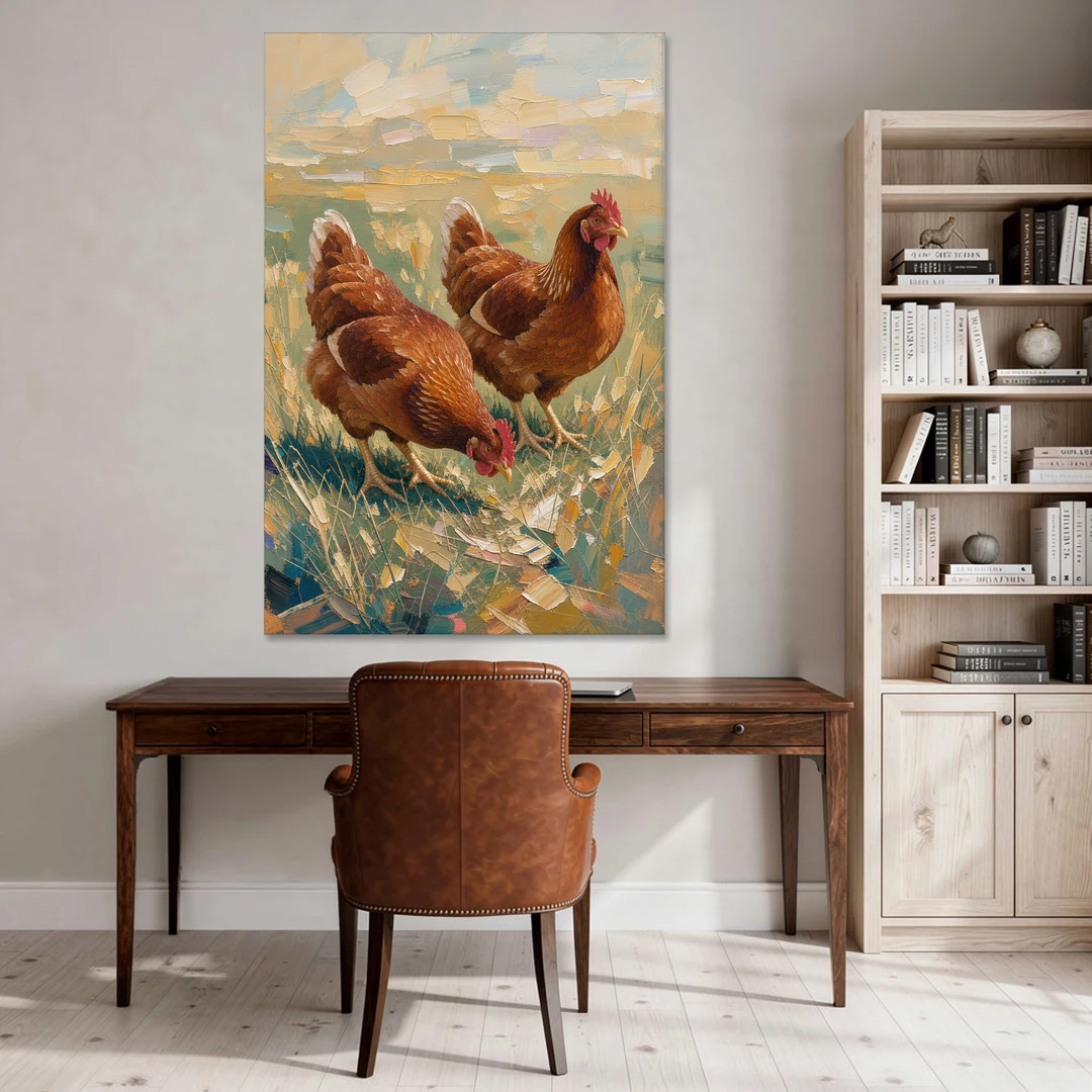 Two Rustic Farmhouse Russet Hens in Summer Grass - Canvas Wall Art - Office - 40x60