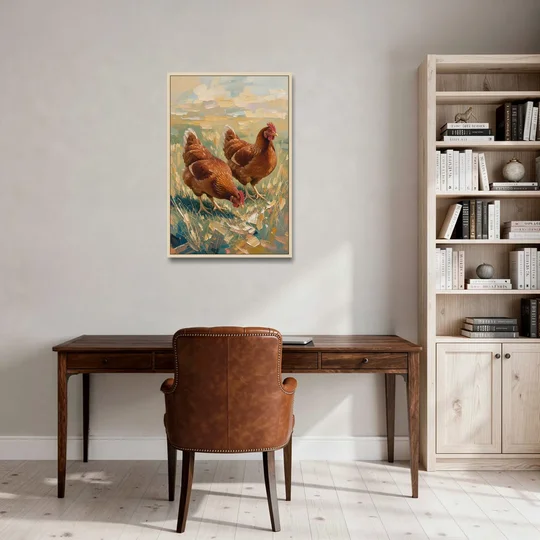 Two Rustic Farmhouse Russet Hens in Summer Grass - Oak Framed Canvas Wall Art - Office - 24x36
