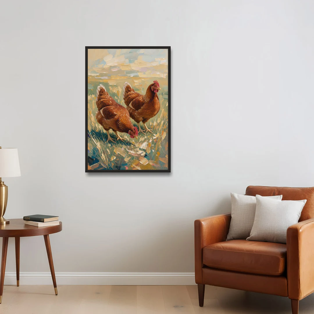 Two Rustic Farmhouse Russet Hens in Summer Grass - Black Framed Canvas Wall Art - Sofa - 24x36