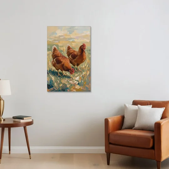 Two Rustic Farmhouse Russet Hens in Summer Grass - Canvas Wall Art - Sofa - 24x36