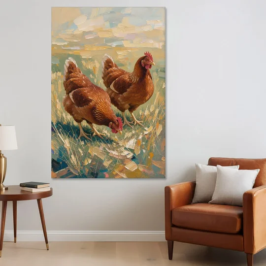 Two Rustic Farmhouse Russet Hens in Summer Grass - Canvas Wall Art - Sofa - 40x60