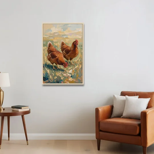 Two Rustic Farmhouse Russet Hens in Summer Grass - Oak Framed Canvas Wall Art - Sofa - 24x36