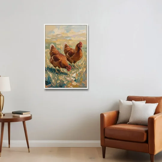 Two Rustic Farmhouse Russet Hens in Summer Grass - White Framed Canvas Wall Art - Sofa - 24x36