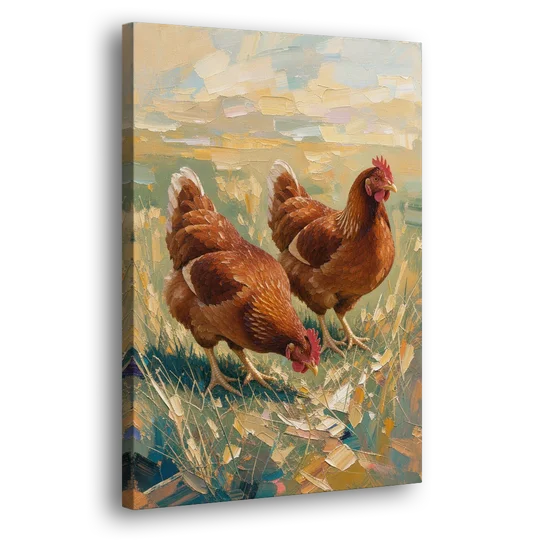 Two Rustic Farmhouse Russet Hens in Summer Grass - Canvas Wall Art - Side