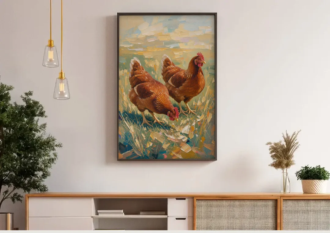 Two Rustic Farmhouse Russet Hens in Summer Grass canvas wall art above a wooden sideboard under pendant lights
