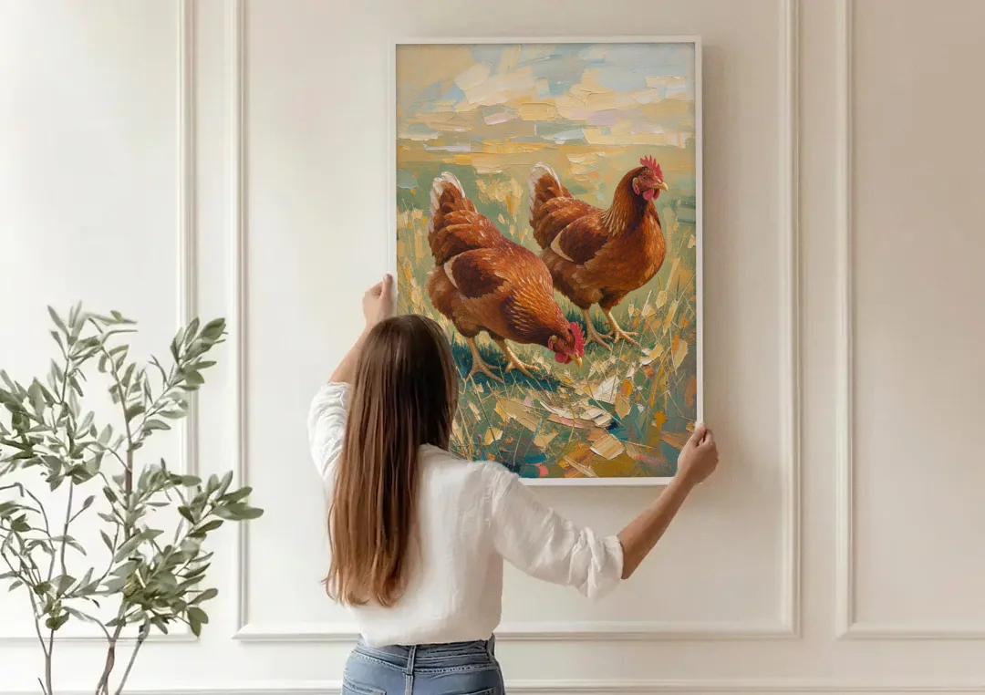 Two Rustic Farmhouse Russet Hens in Summer Grass canvas wall art being hung on a paneled wall
