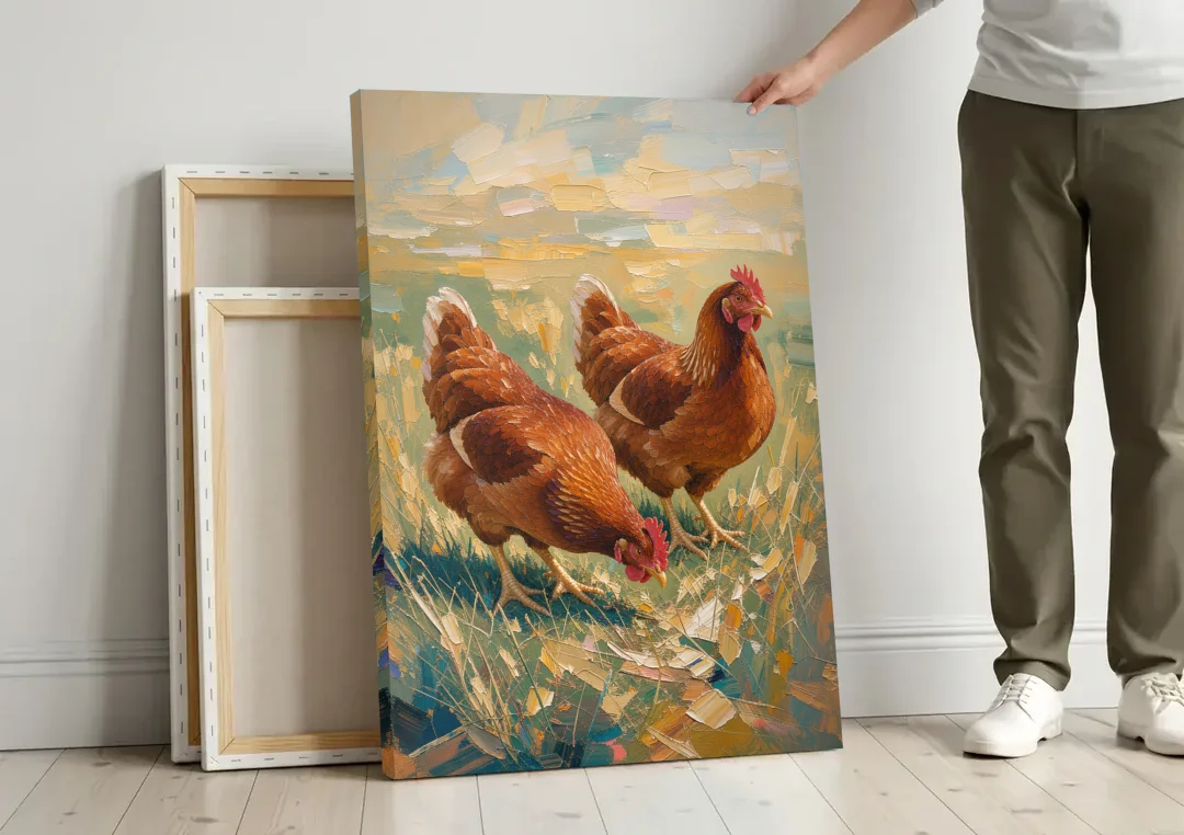 Two Rustic Farmhouse Russet Hens in Summer Grass canvas wall art leaning against a wall next to blank canvases