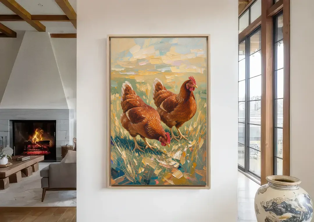 Two Rustic Farmhouse Russet Hens in Summer Grass canvas wall art in a living room with a fireplace