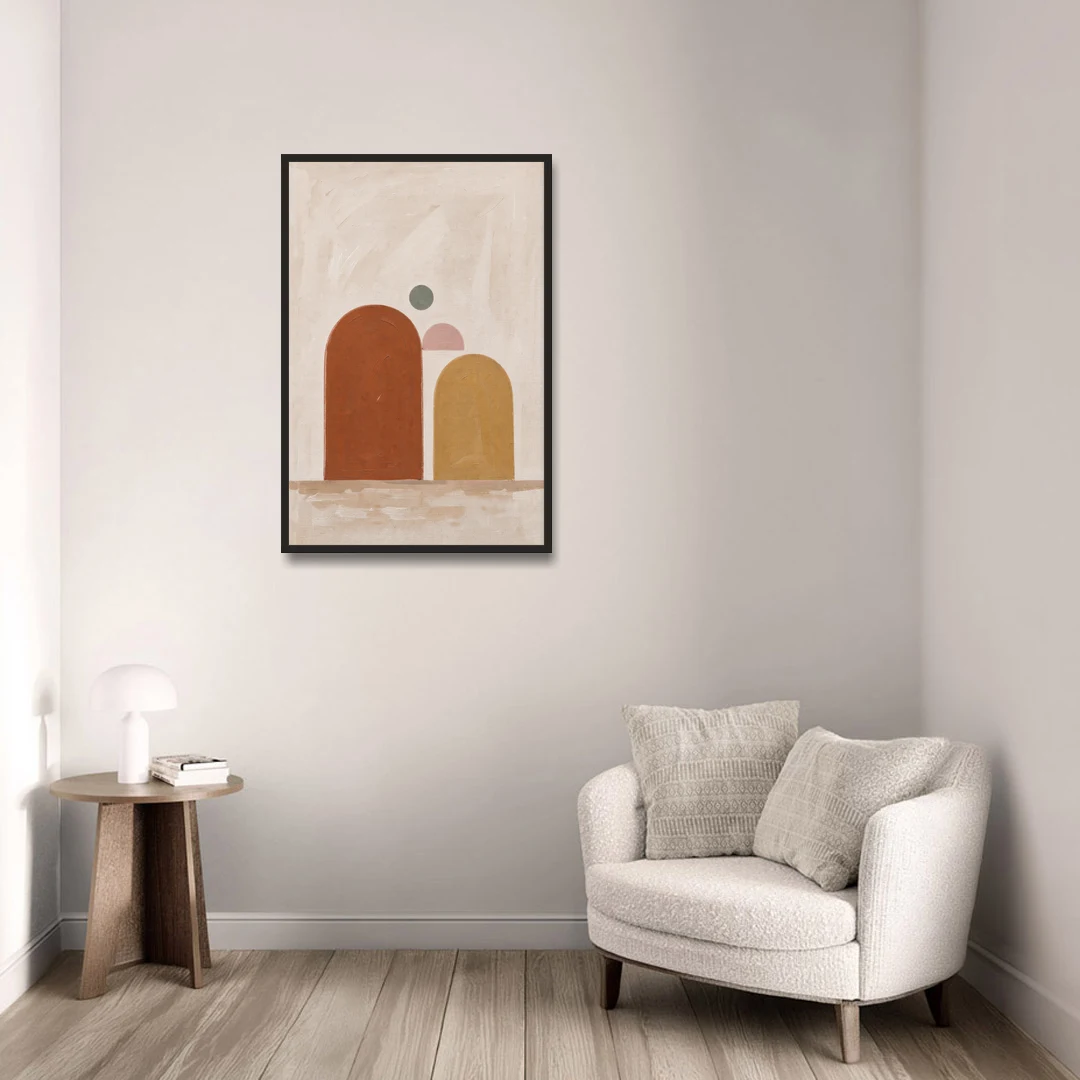 Two Uneven Arches with a Pink Half Sun - Black Framed Canvas Wall Art - Sofa - 24x36
