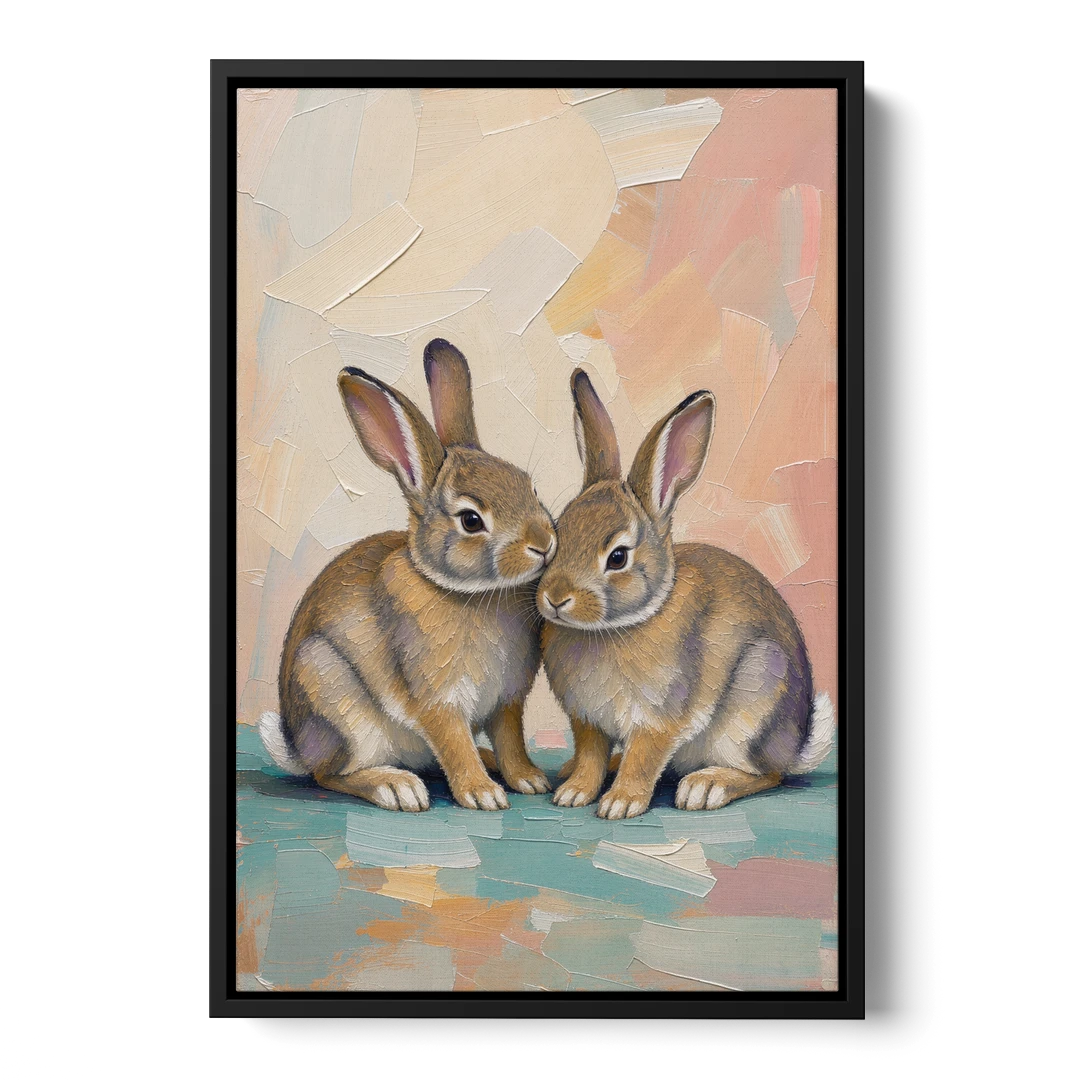 Two Wild Rabbits Cuddled Side by Side - Black Framed Canvas Wall Art - Front