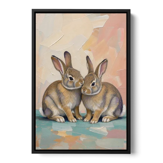 Two Wild Rabbits Cuddled Side by Side - Black Framed Canvas Wall Art - Front