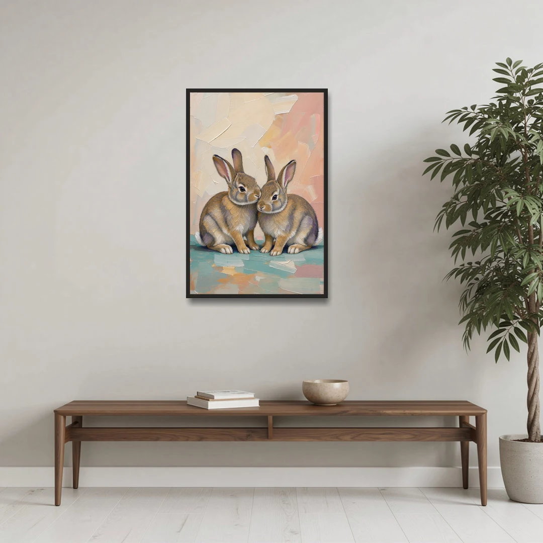 Two Wild Rabbits Cuddled Side by Side - Black Framed Canvas Wall Art - Coffee Table - 24x36