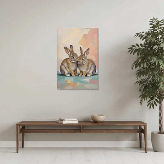 Two Wild Rabbits Cuddled Side by Side - Canvas Wall Art - Coffee Table - 24x36