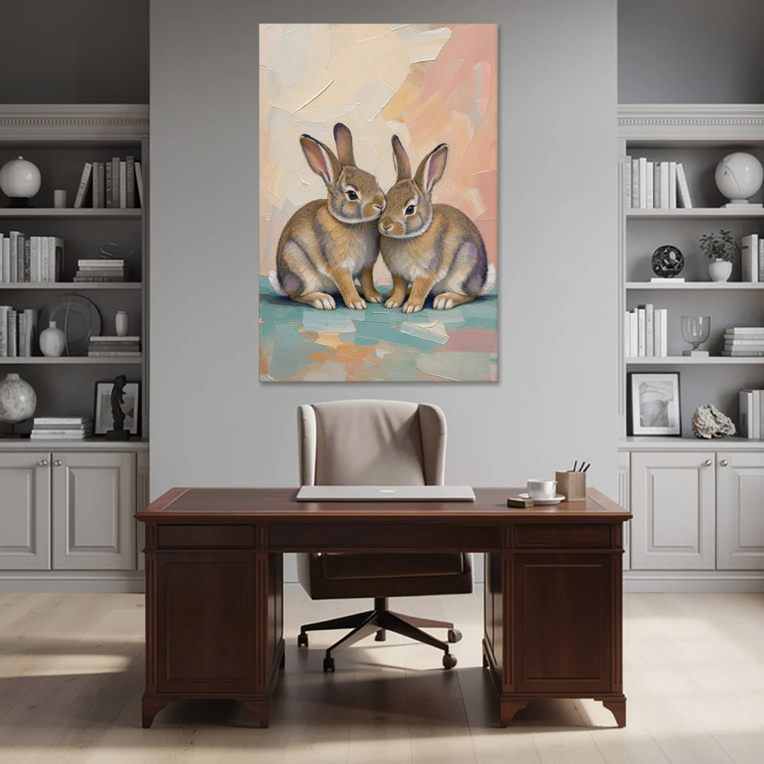 Two Wild Rabbits Cuddled Side by Side - Canvas Wall Art - Office - 40x60