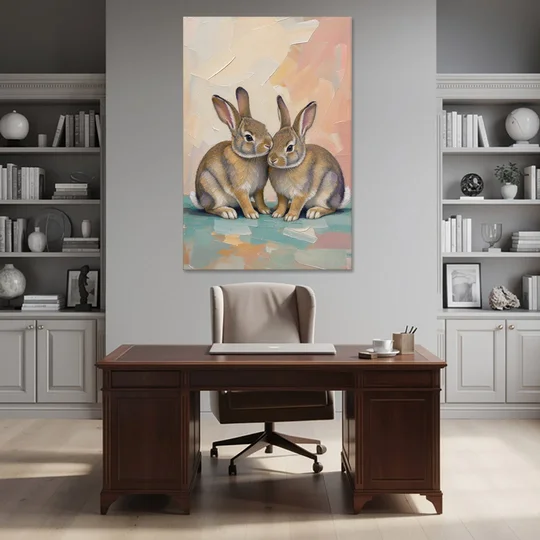 Two Wild Rabbits Cuddled Side by Side - Canvas Wall Art - Office - 40x60