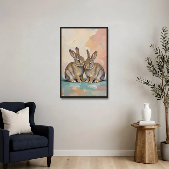 Two Wild Rabbits Cuddled Side by Side - Black Framed Canvas Wall Art - Sofa - 24x36