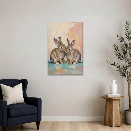 Two Wild Rabbits Cuddled Side by Side - Canvas Wall Art - Sofa - 24x36