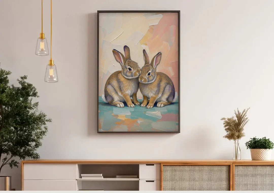 Two Wild Rabbits Cuddled Side by Side canvas wall art above a wooden sideboard under pendant lights