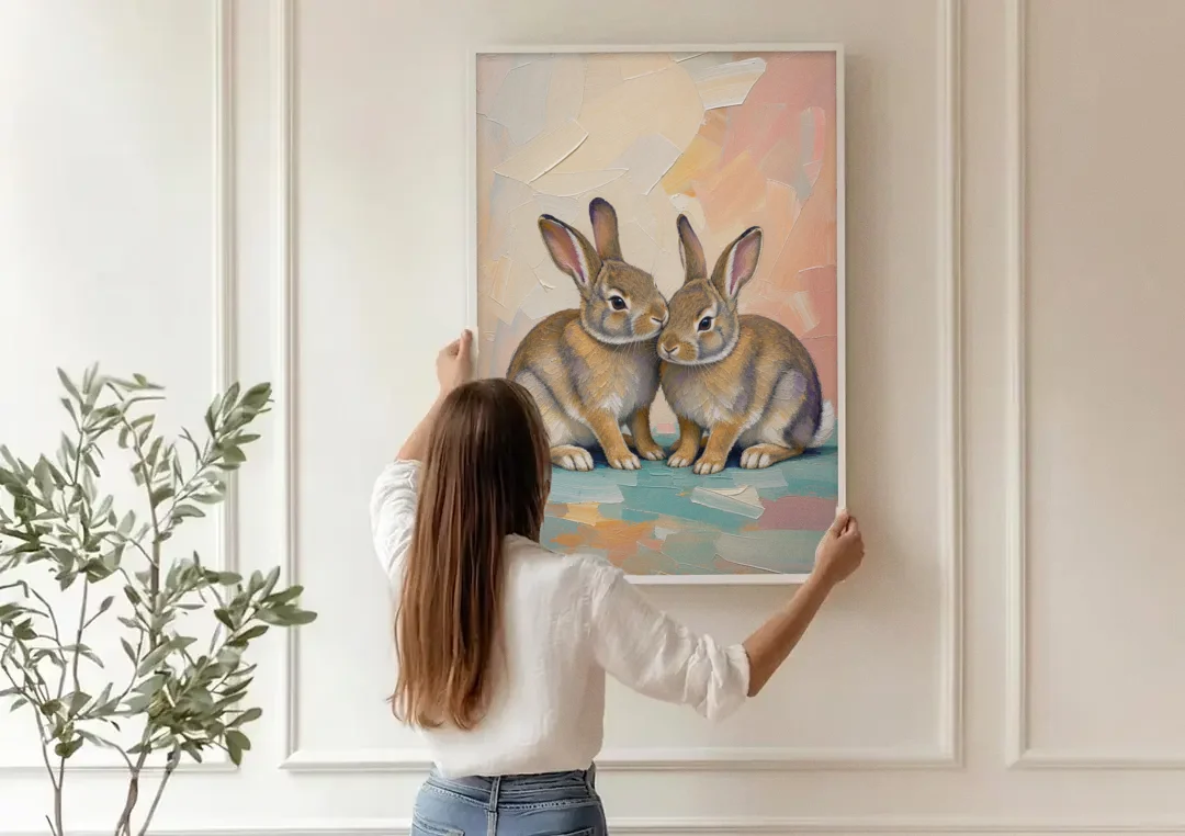 Two Wild Rabbits Cuddled Side by Side canvas wall art being hung on a paneled wall