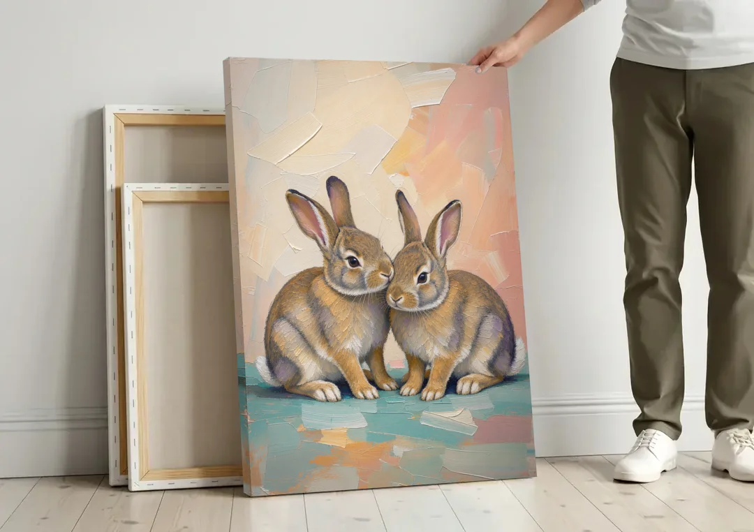 Two Wild Rabbits Cuddled Side by Side canvas wall art leaning against a wall next to blank canvases