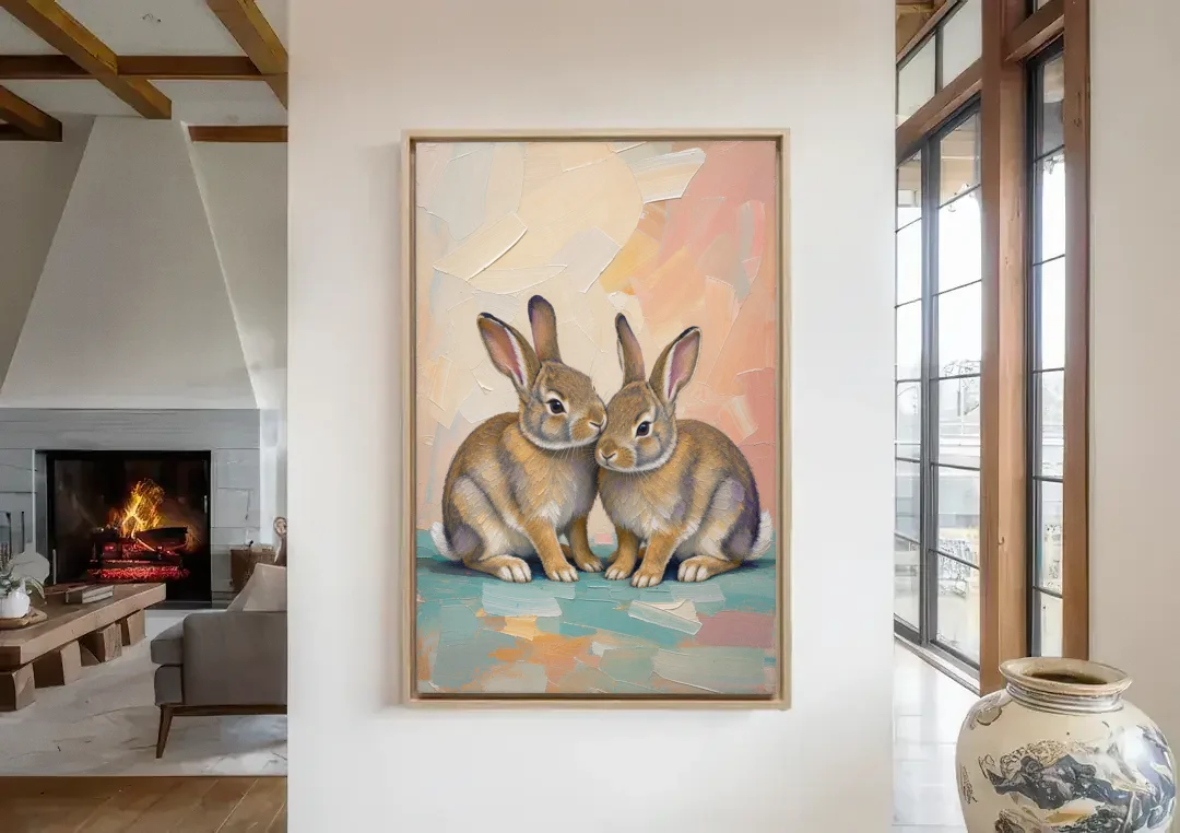 Two Wild Rabbits Cuddled Side by Side canvas wall art in a living room with a fireplace