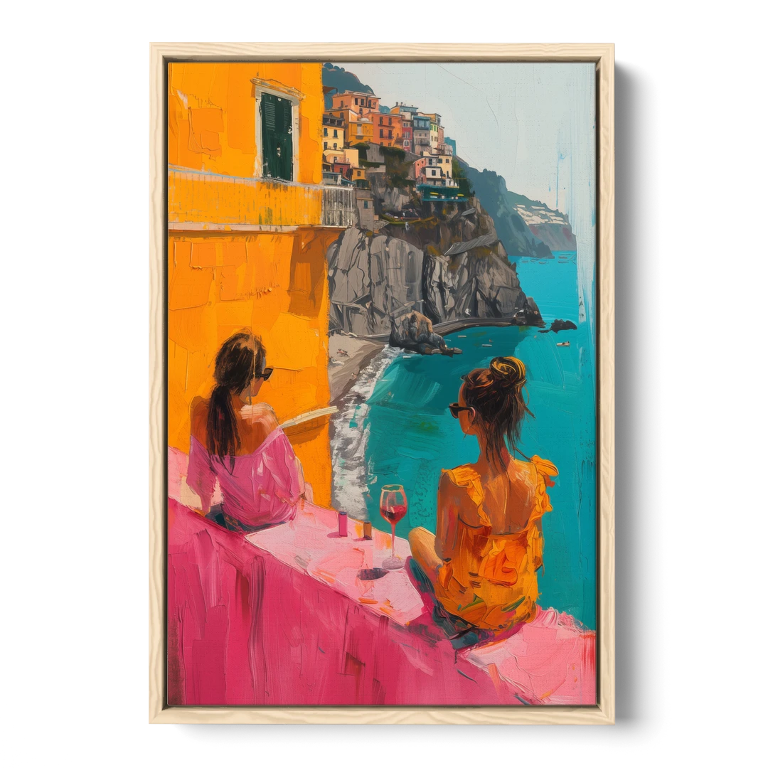 Two Women Painting by the Sea - Oak Framed Canvas Wall Art - Front